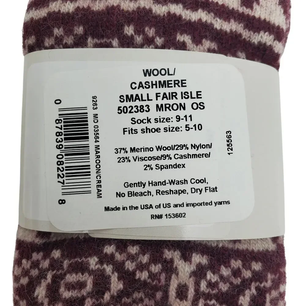 Garnet Hill Fair Isle Socks 9-11 Warm Wool Cashmere Blend Soft Crew Maroon Cream